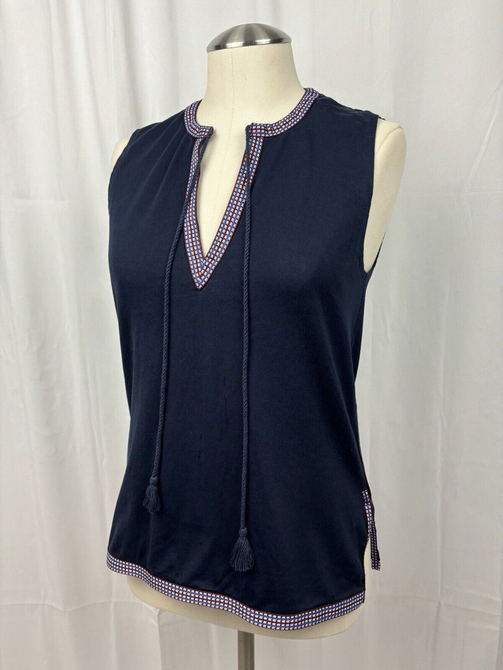 J Crew Navy Blue Sleeveless Top Ribbon Trim Keyhole Tassels Tie Bohemian Size XS